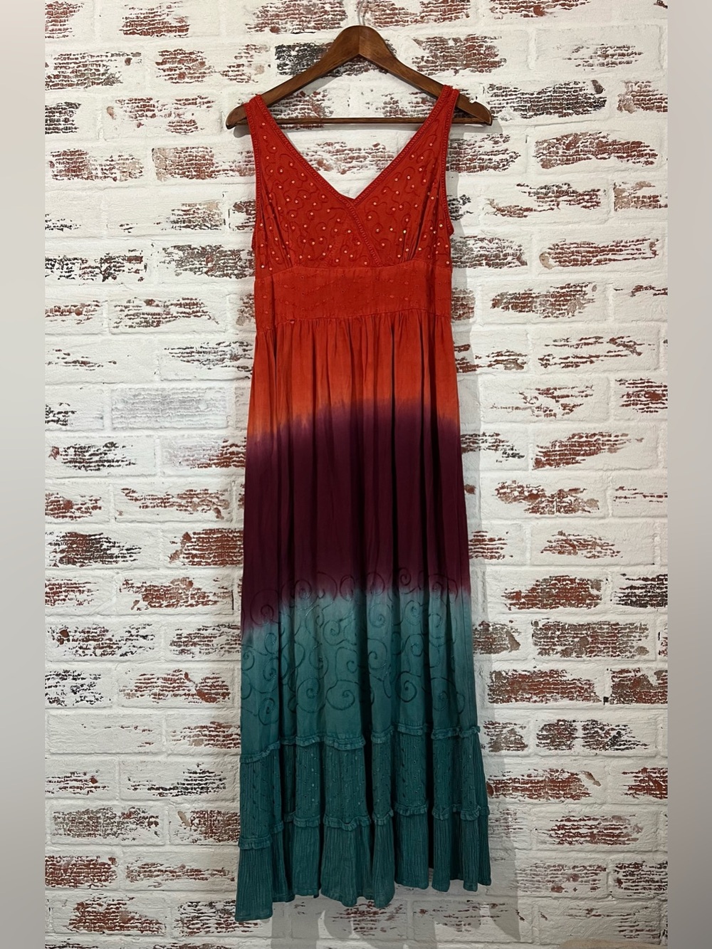Lola P Boho Tie Dye Maxi Dress Bohemian Rayon Beaded Embroidered Tiered Ombre